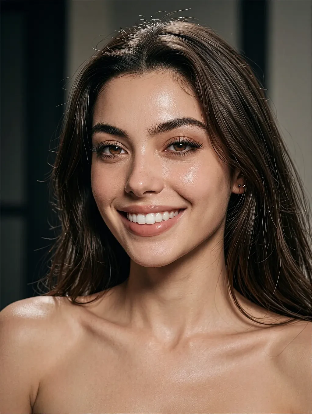 Smiling fictional AI character with dark hair and bare shoulders, photographed close in daylight