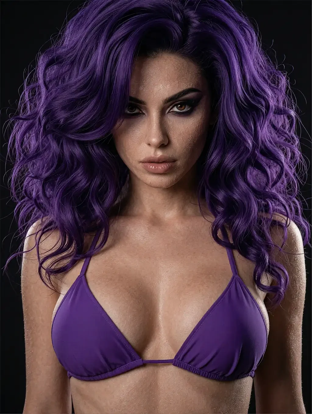 Fictional AI character with long purple curls wearing a purple bikini top