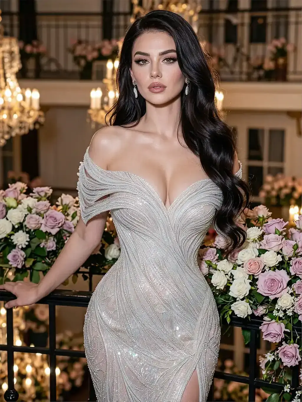 Fictional AI character in an off-shoulder white gown beside white roses in a chandelier-lit room