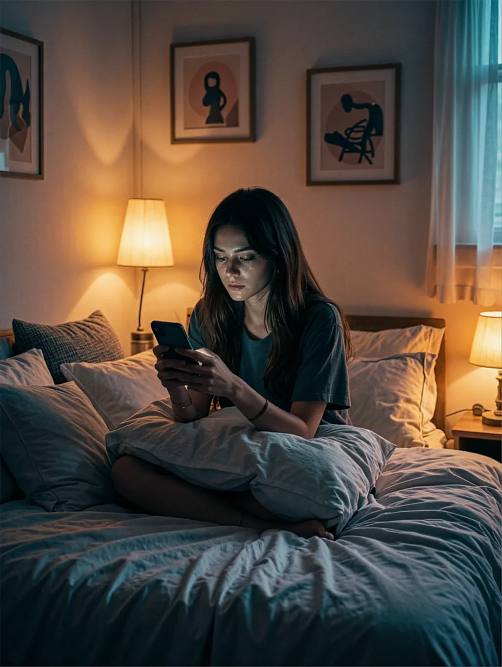 Fictional AI character in glasses reading her phone in bed by a lit lamp